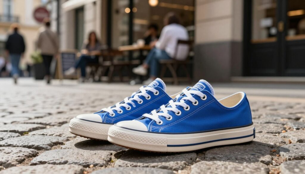 A stylish pair of classic canvas sneakers, known as "trampki," displayed prominently in the foreground. These sneakers feature a vibrant blue color with white laces and rubber soles, resting on a textured urban surface, such as a cobblestone street. In the middle ground, a blurred city backdrop showcases a trendy café with people casually dressed, emphasizing a relaxed and stylish atmosphere. Soft, natural lighting casts gentle shadows, enhancing the textures of the shoes and the cobblestones. The composition is captured at a slight angle to highlight the sneakers’ design details, creating an inviting and fashionable vibe that encapsulates the essence of modern casual wear.