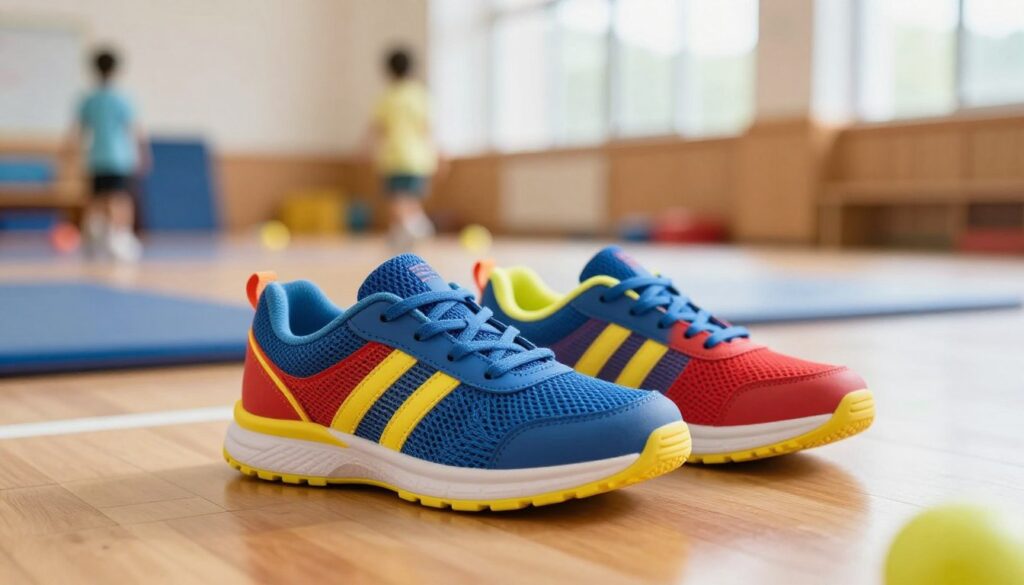 A stylish pair of colorful sneakers, designed for children's physical activities, placed prominently in the foreground. These lightweight shoes feature a breathable mesh upper and a flexible rubber sole, with vibrant colors like blue, red, and yellow. The focus is on the shoes, highlighting their comfort and ease of use, with laces neatly tied. In the middle ground, a school gym with wooden floors and gym mats can be softly blurred, suggesting a lively environment for activities. The background includes soft natural light coming from large windows, creating a warm and inviting atmosphere. The overall mood is energetic and playful, emphasizing the shoes' suitability for school and sports activities.
