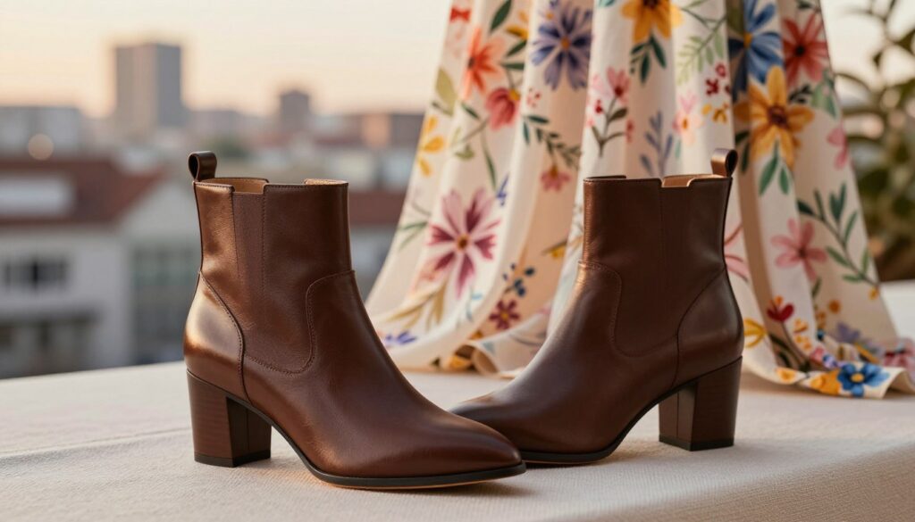 A stylish pair of elegant ankle boots, or "botki," crafted from high-quality leather, featuring a sleek design with a subtle pointed toe and a modest heel. The foreground showcases the boots prominently placed on a light-colored textured fabric, hinting at a spring outfit. In the middle ground, a flowing floral dress with vibrant colors drapes softly, suggesting versatility for both casual and formal occasions. In the background, a softly blurred cityscape reflects a warm, golden hour light, creating an inviting atmosphere. The scene captures the essence of springtime, ideal for various settings, from work to a wedding event. Emphasize a clean, professional vibe, avoiding any text or distractions.