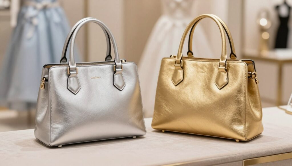 A stylish scene featuring two handbags placed on a soft fabric surface. On the left, a sleek silver handbag with elegant detailing and a subtle shine, positioned slightly open to showcase the interior. On the right, a luxurious gold handbag, exuding sophistication with its textured surface and structured form. The background is softly blurred, hinting at a chic boutique setting with gentle lighting that creates a warm, inviting atmosphere. A soft-focus filter is applied to the overall image to emphasize a dreamy, elegant mood. The composition should highlight the textural contrast between the silver and gold, inviting viewers to reflect on their choice of accessories for a blue dress worn at a wedding or special occasion.