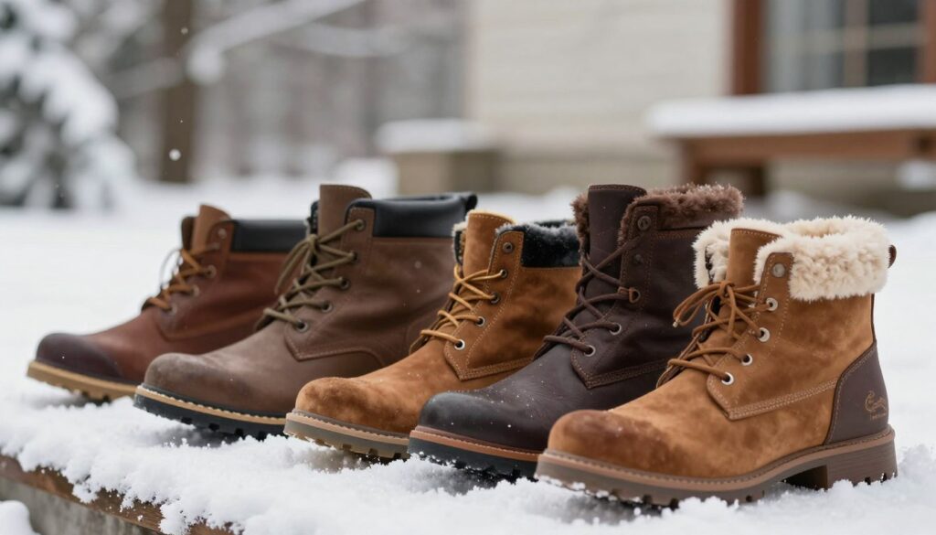 A stylish selection of men's winter boots arranged on a snowy surface, showcasing various recommended models for the season. The foreground features close-up details of the boots, highlighting textures such as leather, suede, and warm lining. In the middle, a slightly blurred background displays a cozy outdoor setting with snow-covered trees and soft natural lighting, creating a wintry atmosphere. The angle focuses on the footwear, emphasizing durability and comfort features like thick soles and thermal insulation. The scene conveys a sense of warmth and practicality, ideal for winter, while maintaining an aesthetic appeal.
