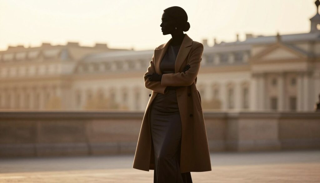A stylish silhouette of a woman wearing a long evening dress, complemented by a tailored, elegant coat that enhances her proportions. The scene is set outdoors during golden hour, casting a warm, soft light that highlights the silhouette's curves while maintaining a chic appearance. In the foreground, the woman stands confidently with her arms gently crossed, showcasing the coat's structure. The middle ground features a blurred urban backdrop, suggesting an elegant city setting with hints of architecture that imply sophistication. The focus is on the silhouette, creating a harmonious balance between the dress and coat. The overall atmosphere is graceful and refined, evoking a sense of timeless fashion and elegance.
