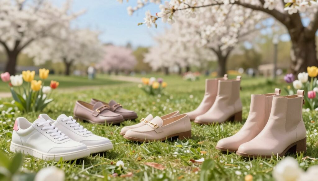 A stylish spring display featuring a variety of fashionable and comfortable shoes laid out on a soft grass background. In the foreground, showcase elegant sneakers, chic loafers, and trendy ankle boots, all in pastel colors reflecting the essence of spring. The middle ground features a gently blurred scene of vibrant flowers and foliage, enhancing the spring theme. In the background, a softly lit park setting with blooming trees and a clear blue sky creates a serene atmosphere. Use natural lighting to highlight the textures of the shoes, with a slightly elevated angle to give depth to the composition. The overall mood is fresh, inviting, and in tune with the latest spring fashion trends, embodying the essence of comfort and style.