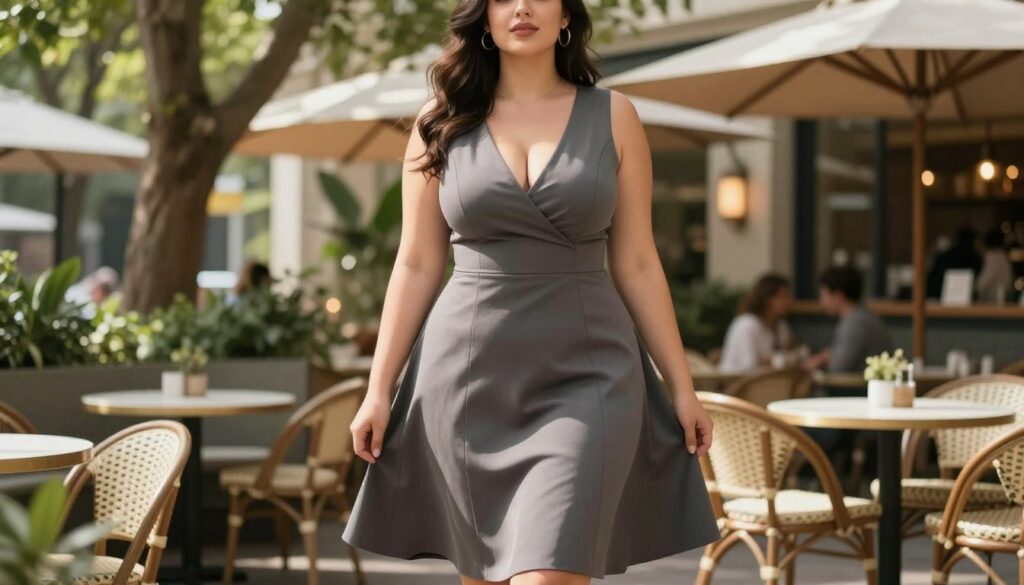 A stylish woman with a curvy figure wearing an elegant, tailored dress designed to flatter a larger bust while balancing proportions. The dress features a deep V-neckline and A-line silhouette that gently flows to the knee, enhancing her shape and providing a balanced look. She stands confidently at a lively outdoor café, surrounded by soft greenery and soft lighting that creates a warm, welcoming atmosphere. The sunlight filters through the trees, casting gentle shadows, which adds depth to the scene. The setting is chic and trendy, with stylish furniture that complements her outfit. The image conveys sophistication and poise, perfect for showcasing a flattering dress style for individuals with larger busts.