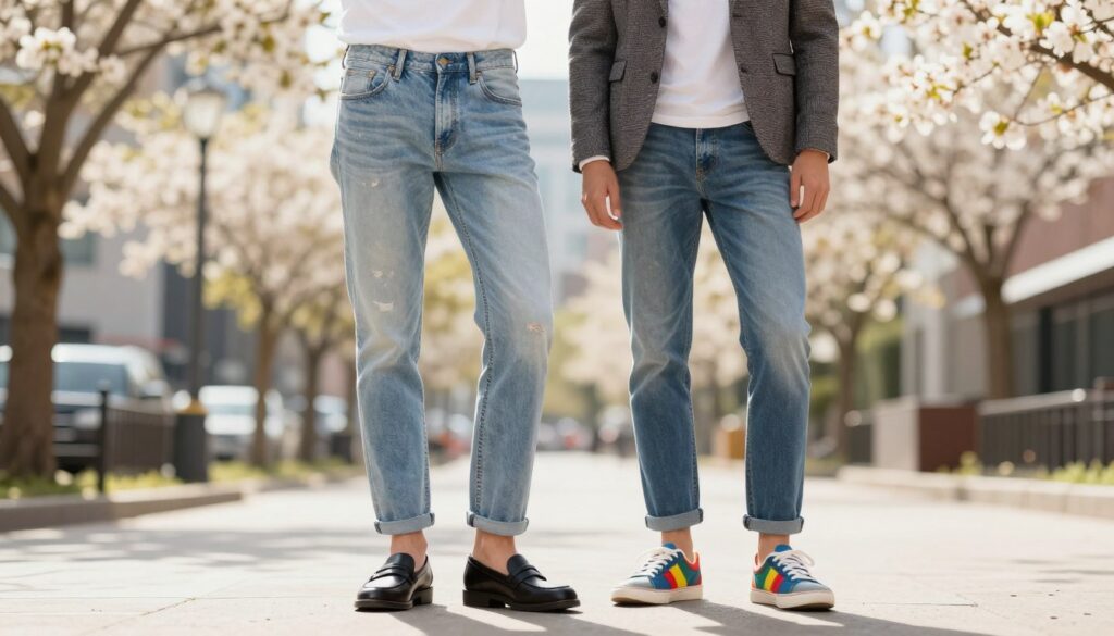A trendy spring outfit featuring stylish jeans and fashionable shoes, placed in a bright, airy urban setting. In the foreground, a pair of modern, light-wash jeans with a slightly distressed look, paired with chic loafers and colorful sneakers. The middle ground showcases a stylish model wearing a smart-casual outfit, with alternating textures like a tailored blazer over a casual tee, combining the modern preppy and “borrowed from boyfriend” styles. The background is a blurred cityscape, adorned with blossoming trees and sunlight casting warm rays, creating a fresh and inviting atmosphere. The lighting is soft and natural, emulating a sunny spring morning, perfect for outdoor outings.