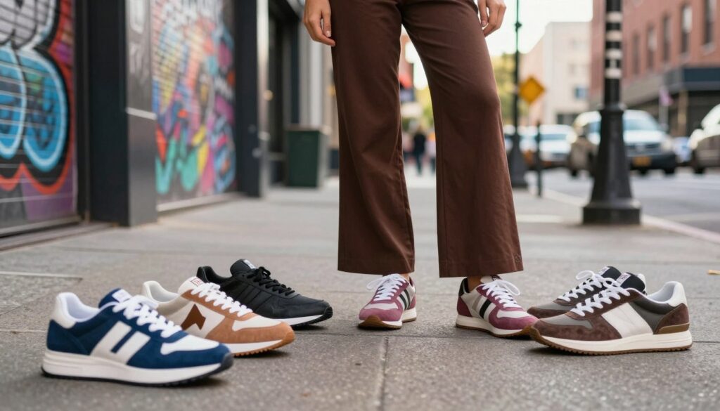 A trendy street style scene featuring fashionable sneakers paired with wide-legged trousers. In the foreground, an array of stylish sneakers in various colors and designs, showcasing both modern aesthetics and urban flair. The middle ground includes a model wearing a chic jumpsuit with wide legs, elegantly showcasing the sneakers, standing confidently on a city sidewalk. The background features a vibrant urban setting with graffiti art and bustling city life, under soft, natural sunlight, creating a warm and inviting atmosphere. The angle is slightly low to emphasize the sneakers and elevate the overall silhouette, capturing a casual yet sophisticated vibe that reflects contemporary fashion trends.