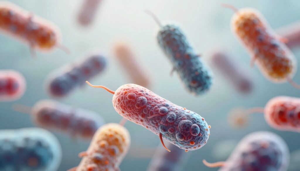 A vibrant and detailed representation of bacteria, showcasing various shapes and sizes, in an abstract close-up format. In the foreground, display colorful, round-shaped bacteria with intricate patterns on their surfaces, illuminated by soft, diffused light to highlight their textures. In the middle ground, include elongated bacteria with fine filaments, subtly blending into the background. The background should feature a blurred, abstract representation of a clean, bright environment, symbolizing cleanliness and hygiene. Use a macro lens perspective to create a sense of depth, and maintain a clinical yet engaging mood, emphasizing the importance of cleanliness and health in relation to skincare and makeup tools. Avoid any human imagery or textual elements to keep the focus solely on the bacteria.