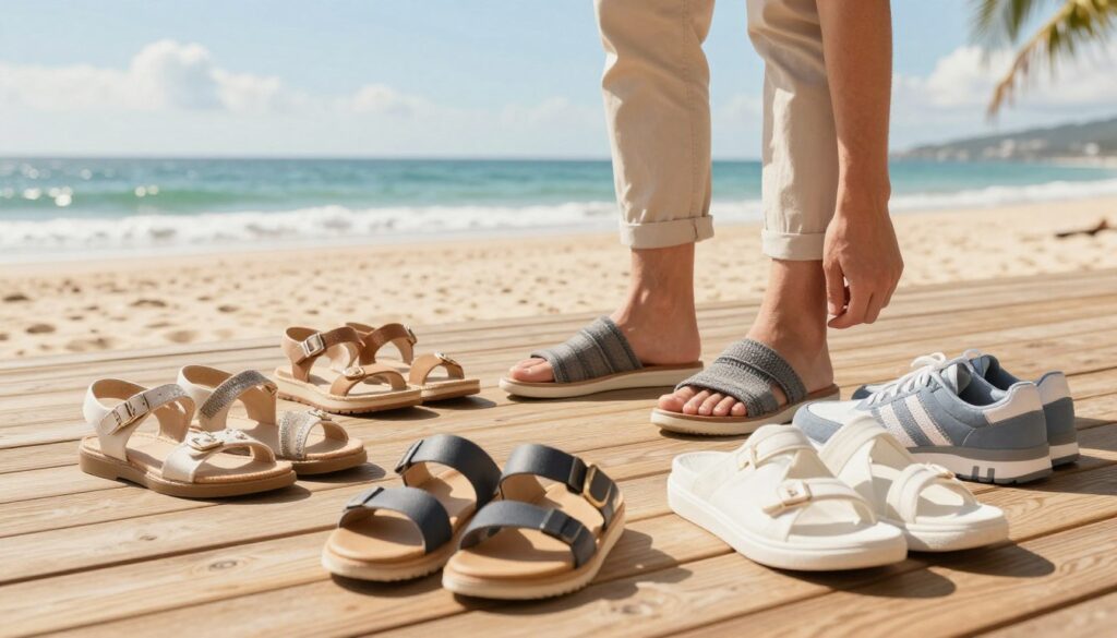 A vibrant summer scene featuring a variety of comfortable and breathable summer shoes elegantly arranged on a wooden deck. In the foreground, showcase a selection of stylish sandals, slip-ons, and lightweight sneakers, emphasizing their textures and colors. The middle ground captures a person wearing casual, modest summer attire, standing and trying on a pair of shoes, with a joyful expression, reflecting comfort and ease. In the background, a bright, sunny beach setting is visible, with gentle waves and fluffy clouds, enhancing the relaxed atmosphere. Soft, warm sunlight creates an inviting glow, highlighting the shoes' features and casting gentle shadows. The angle should be slightly elevated, giving a clear view of the shoes and the cheerful summer vibe while maintaining a focus on comfort and style.