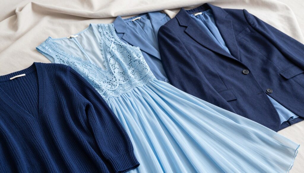 A visually striking flat lay arrangement showcasing various fabrics suitable for blazers to match different shades of blue dresses. In the foreground, display textured swatches of knit, chiffon, and lace materials in deep navy, sky blue, and pale azure. In the middle, incorporate tailored blazers crafted from structured cotton, soft wool, and delicate silk, each coordinating with the dresses. The background features a subtle, elegant fabric draped in light pastel hues to enhance the overall composition. Soft, natural lighting highlights the textures and colors, creating a warm and inviting atmosphere. The image should evoke a sense of sophistication and style, perfect for illustrating the connection between fabrics and fashion choices.
