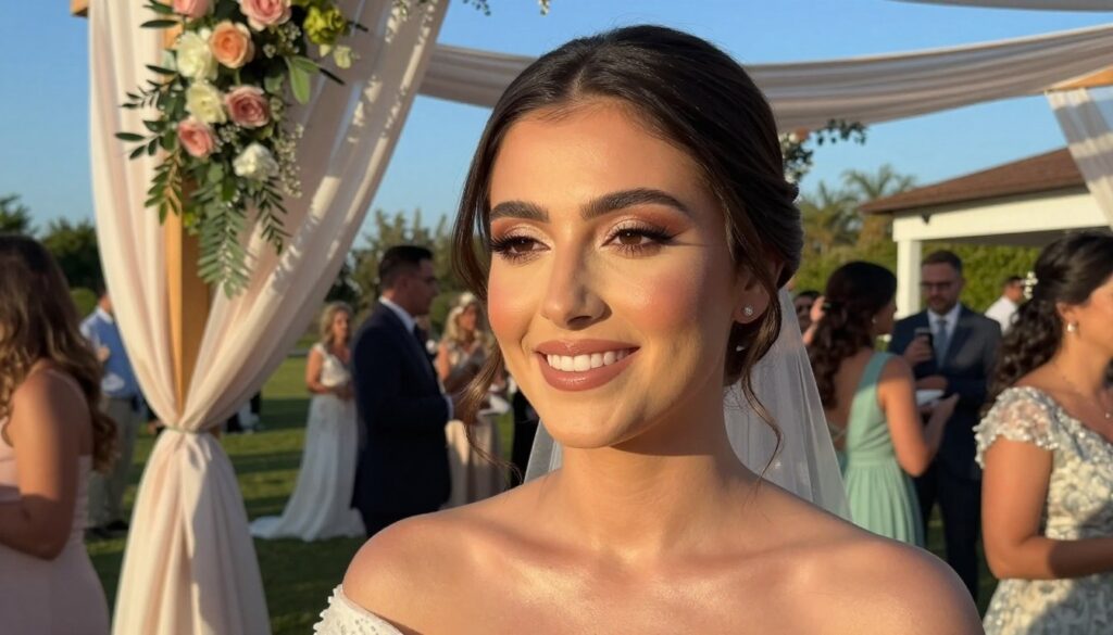 A well-dressed woman at a wedding, showcasing a flawless makeup look suitable for long events in warm weather. The foreground features her smiling face, highlighting a natural yet elegant makeup style – long-lasting foundation, beautifully blended eyeshadow, and a subtle lip color. In the middle, she stands outdoors amid wedding decorations like floral arrangements and soft drapery, capturing the joyous atmosphere. The background reveals a bright blue sky and guests mingling, adding to the scene’s vibrancy. The lighting is soft and warm, imitating golden hour, with a focus on her glowing complexion. The image evokes a celebratory mood, emphasizing confidence and beauty under challenging conditions.