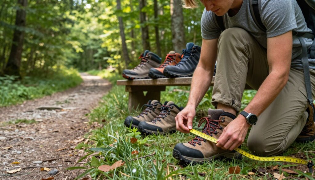 A well-lit outdoor setting showcasing a person measuring trekking boots. In the foreground, the individual is kneeling on a grassy patch, carefully measuring the length and width of a sturdy pair of hiking boots, using a measuring tape. The person, dressed in modest casual hiking attire, is focusing intently on their task. The middle ground features various pairs of rugged trekking shoes displayed on a wooden bench, emphasizing selection. In the background, a picturesque trail winds through a lush forest, with towering trees and soft dappled sunlight filtering through the leaves. The overall atmosphere conveys a sense of preparation and adventure, ideal for hiking in the Bieszczady mountains. Use a wide-angle lens to capture the scene, highlighting both the individual and the natural beauty surrounding them.