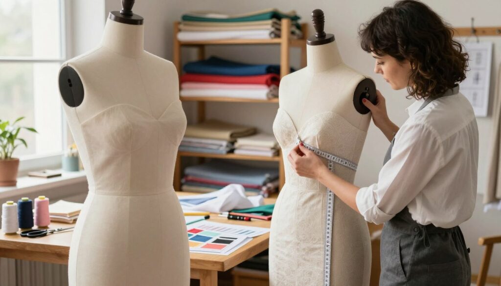 A well-lit sewing workshop scene featuring a dress on a mannequin, focusing on the moment of adjusting a dress in the bust area. In the foreground, the mannequin showcases a tailored dress with subtle fabric patterns, emphasizing the bust modification process. A seamstress, dressed in professional attire, is using a measuring tape to ensure the dress fits perfectly. In the middle, various sewing tools like scissors, threads, and fabric swatches are neatly arranged on a wooden table. The background includes shelves filled with colorful fabrics and sewing patterns. Soft, natural lighting from a nearby window creates a warm atmosphere, highlighting the skill and creativity involved in dress alterations. The overall mood is focused and artistic, capturing the essence of garment alteration.