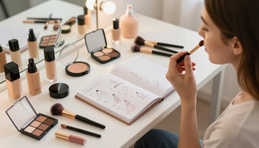 A well-lit vanity setting showcasing a variety of makeup products, including foundation, eyeshadow palettes, brushes, and lipsticks, laid out neatly. In the foreground, a well-groomed woman in casual yet elegant attire applies makeup with a focused expression, embodying the art of beauty preparation. In the middle ground, an open notebook or planner sits beside her, with sketches or notes on different occasions like weddings and parties emphasizing time allocations for makeup application. The background features soft lighting from a window, creating a gentle, inviting atmosphere. The overall mood is one of anticipation and organization, highlighting the theme of preparing for makeup based on occasions. The image is shot from a slightly elevated angle to capture all elements harmoniously.