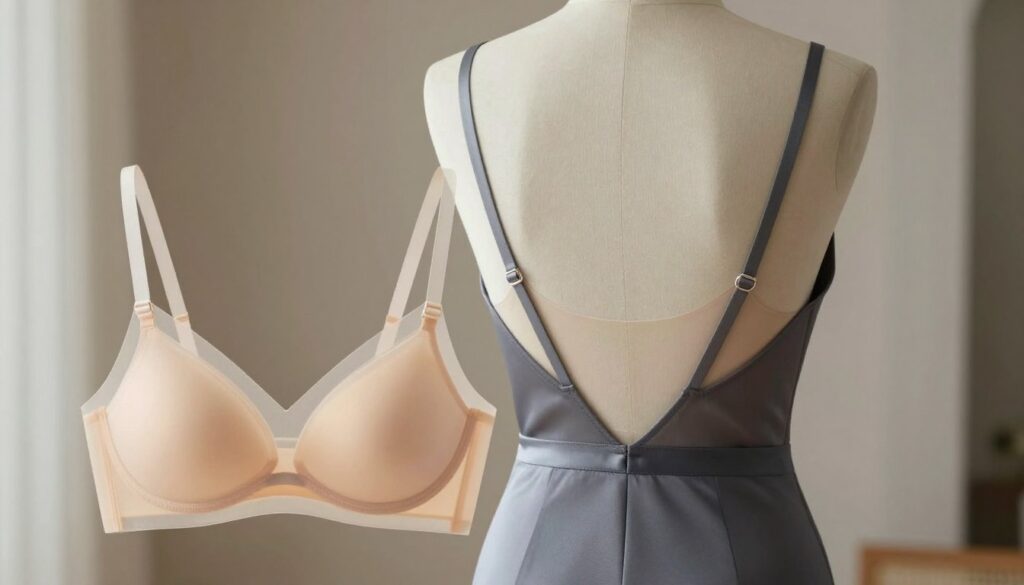 An elegant and modern illustration of a backless dress with a focus on a transparent tape or panel bra design. In the foreground, showcase the bra with clear straps, perfectly blending into the dress fabric to illustrate its invisible support. The middle ground features the back of a mannequin wearing the stylish dress, emphasizing the sleek lines and the innovative bra attachment. The background is softly blurred to draw attention to the garment, with delicate lighting highlighting the textures and colors of the dress. The mood is sophisticated and contemporary, capturing the essence of fashion-forward choices for comfortable and discreet undergarments. The overall composition should inspire a sense of elegance and practicality without any text or graphics.