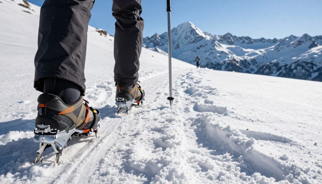 An outdoor winter hiking scene featuring a pair of crampons strategically placed on a rugged mountain trail. In the foreground, the crampons glisten under bright, natural sunlight, showcasing their sharp spikes designed for ice traction. The middle ground is filled with soft, powdery snow, with footprints leading into the distance, hinting at recent hikers. In the background, majestic snow-capped peaks rise against a clear blue sky, creating a stunning and serene atmosphere. The image should evoke a sense of adventure and preparation for winter hiking, with the sunlight casting dynamic shadows on the snow. The scene should be captured from a low angle, emphasizing the crampons and the trekking path ahead, inviting the viewer to imagine their own alpine journey.