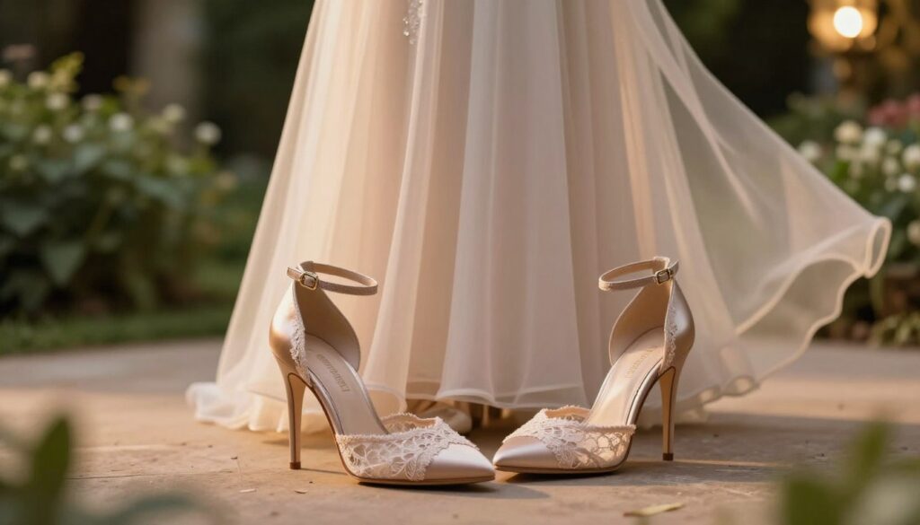 Elegant high-heeled shoes suitable for a wedding, positioned prominently in the foreground. The shoes are a glossy nude color with intricate lace detailing and a delicate ankle strap. In the middle ground, a softly draped light, airy dress in pastel tones, suggesting suitability for a formal occasion, flows gracefully. The background features a softly blurred garden setting with lush greenery and ethereal lighting, suggesting a warm evening celebration. The overall atmosphere is sophisticated and romantic, evoking a sense of special occasion glamour. The lighting is warm and inviting, with a slight golden glow, enhancing the detail and allure of the shoes and dress. The composition should be subtly artistic, with a focus on elegance and style, inviting viewers to envision wearing this outfit to a wedding.